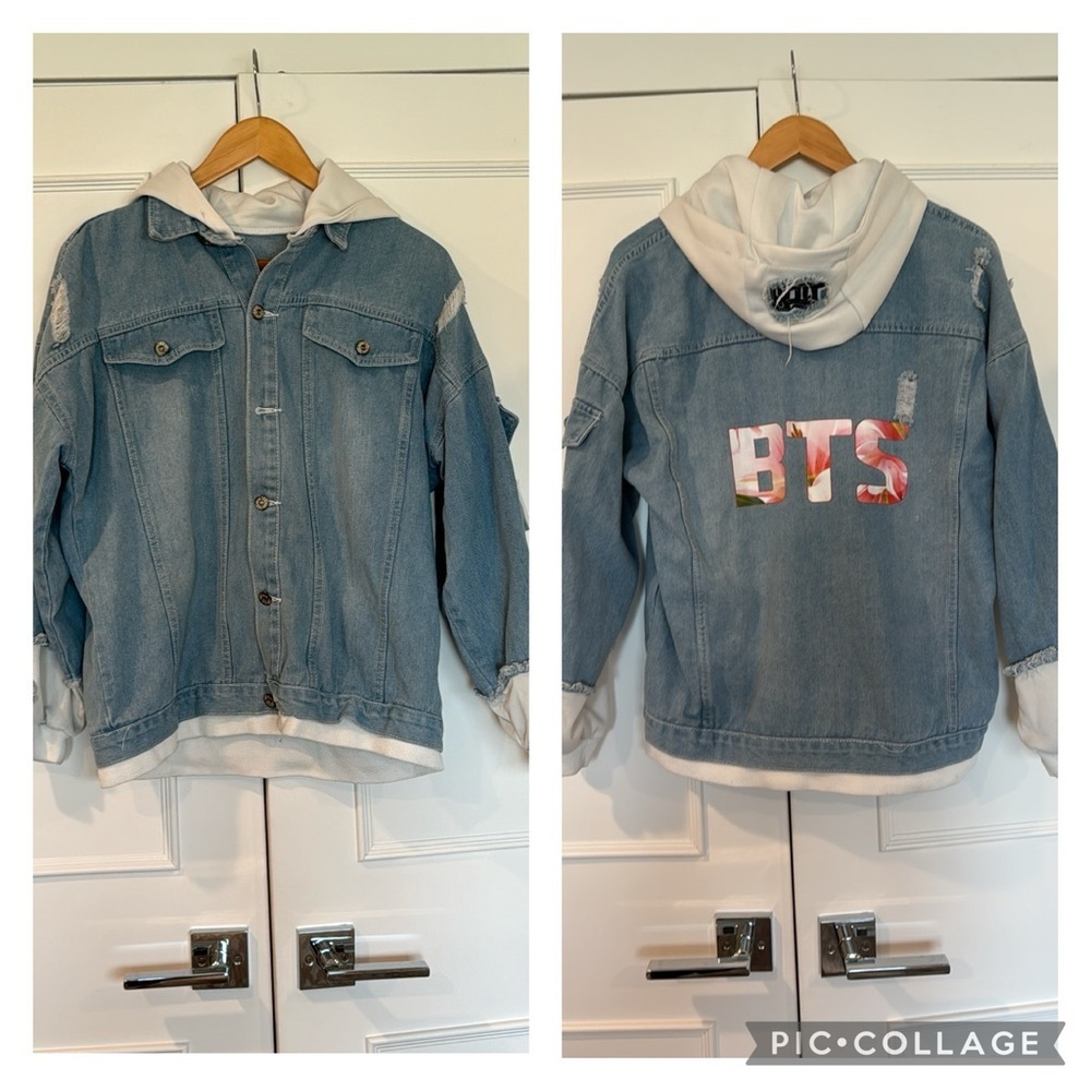 BTS Bangton Boys Unisex Denim Distressed Hooded Jacket  with Patches Size Medium